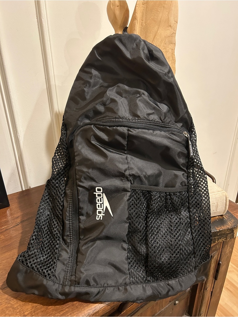 Speedo Black Mesh Drawstring Backpack with Front Zip Pocket